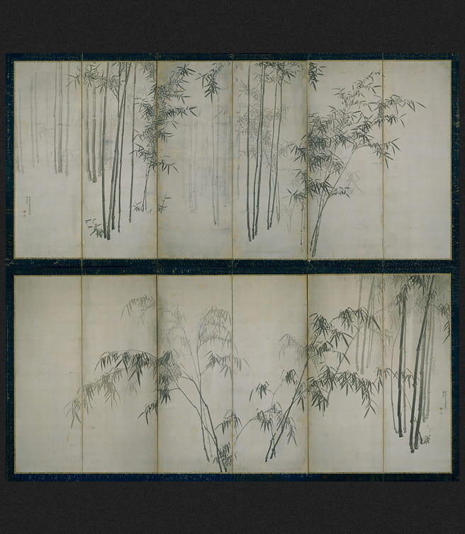 紙本墨画「雨竹風竹図」六曲屏風一双（円山応挙 筆）（重文）